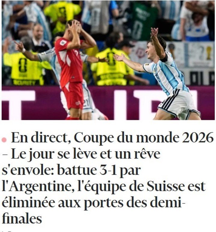 La reacción de los medios de Suiza tras la derrota con Argentina en cuartos de final del Mundial 2026.