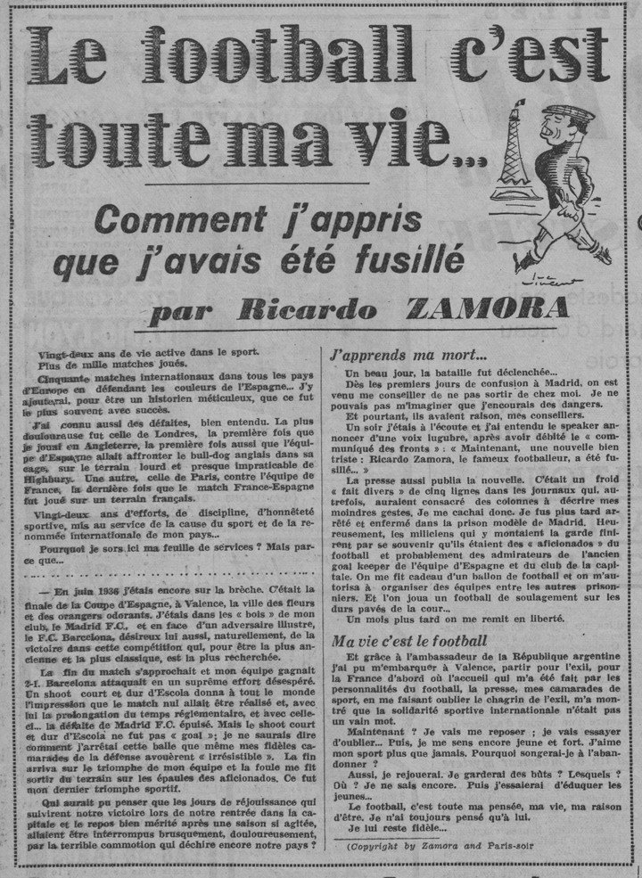 Artículo publicado por Paris-Soir el 6 de marzo de 1937 en el que Ricardo Zamora narra su cautiverio en la Cárcel Modelo de Madrid durante la Guerra Civil. Foto: EFE /Biblioteca Nacional de Francia