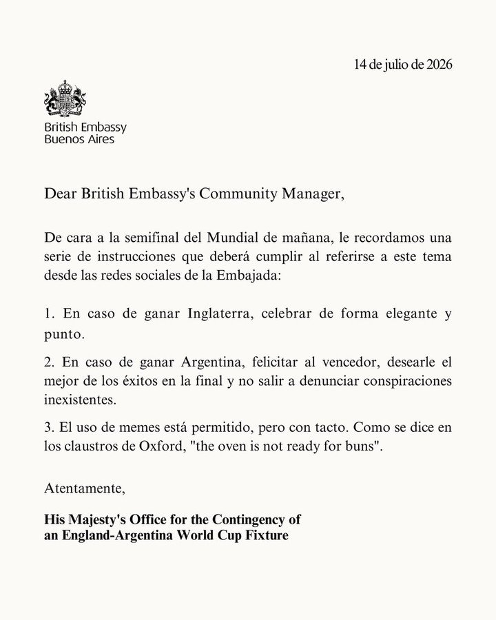 La Embajada Británica en Buenos Aires lanzó un memo de cara a la semifinal entre Argentina e Inglaterra.