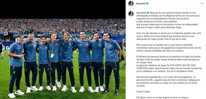 El posteo de Scaloni a una semana de la final perdida frente a España (Foto: Instagram).