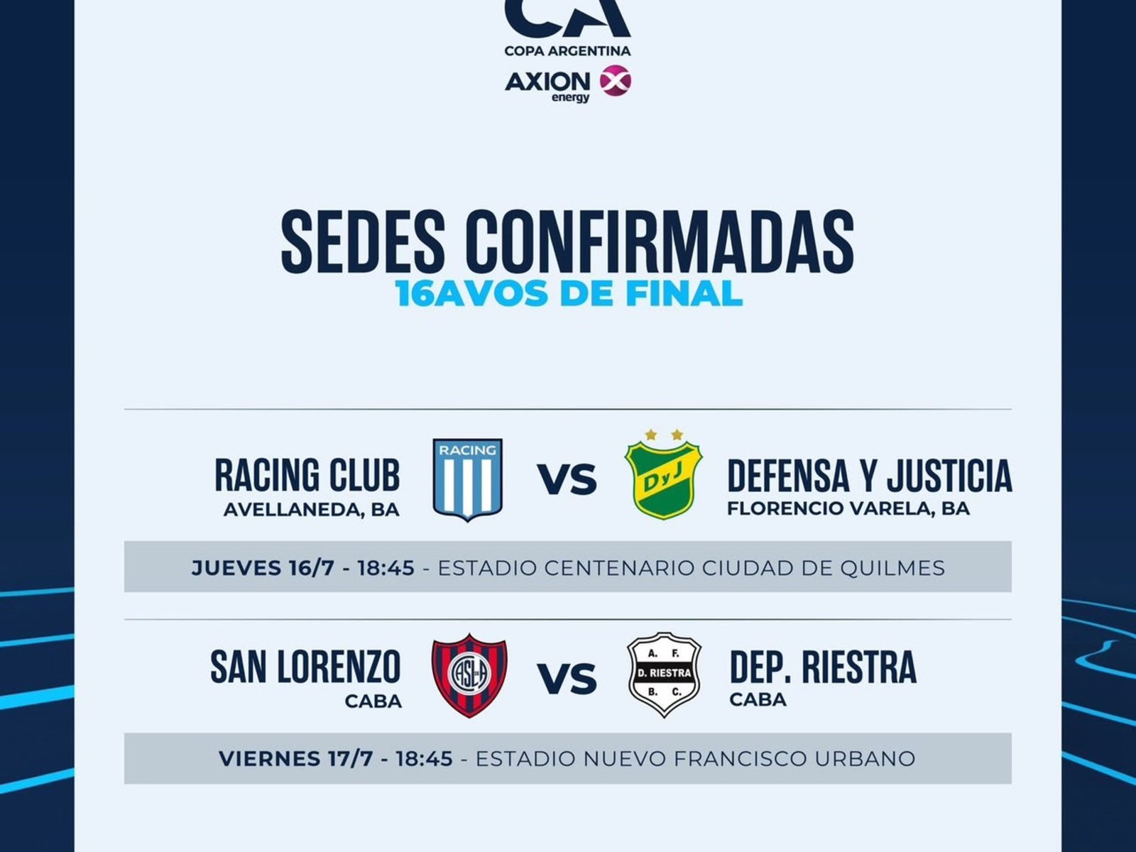 Copa Argentina: se confirmaron los horarios y las sedes para Racing-Defensa y San Lorenzo-Riestra :: Olé