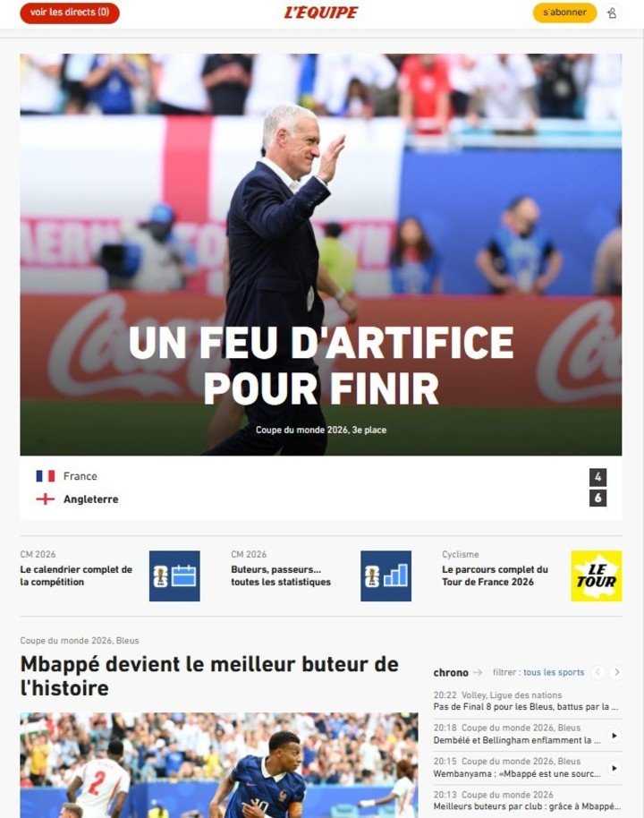 La portada de L'Équipe tras la victoria de Inglaterra ante Francia. Foto: captura.