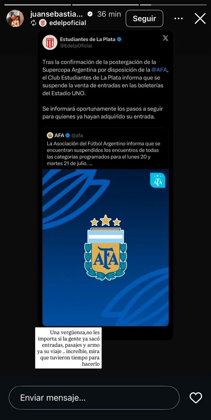 La crítica de Verón por la suspensión de la Supercopa Argentina.