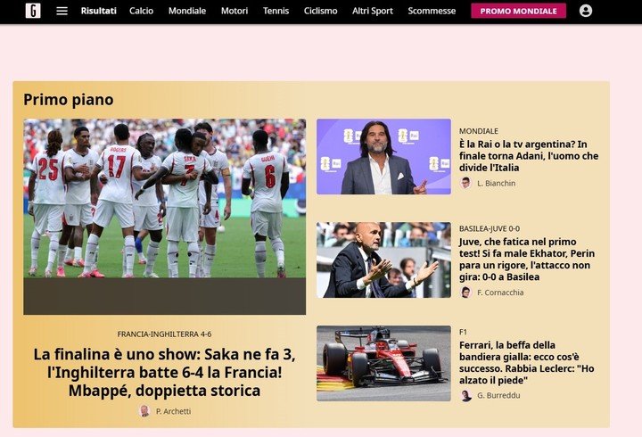 La tapa de Gazzetta dello Sport tras la victoria de Inglaterra sobre Francia.