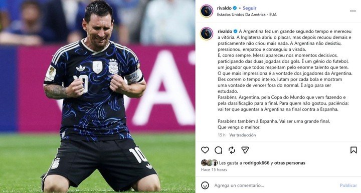 El posteo de Rivaldo tras la clasificación de Argentina.