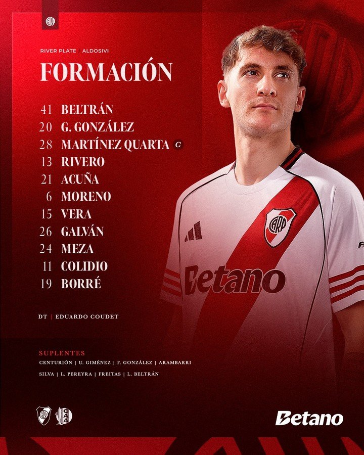 La formación de River contra Aldosivi. Prensa River.