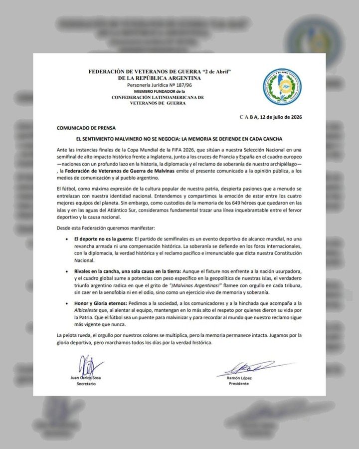 El comunicado de la Federación de Veteranos de Guerra 2 de Abril.
