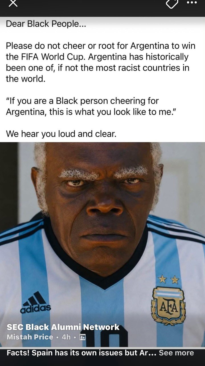El mensaje que reposteó Samuel L. Jackson contra la Argentina. Foto: Instagram