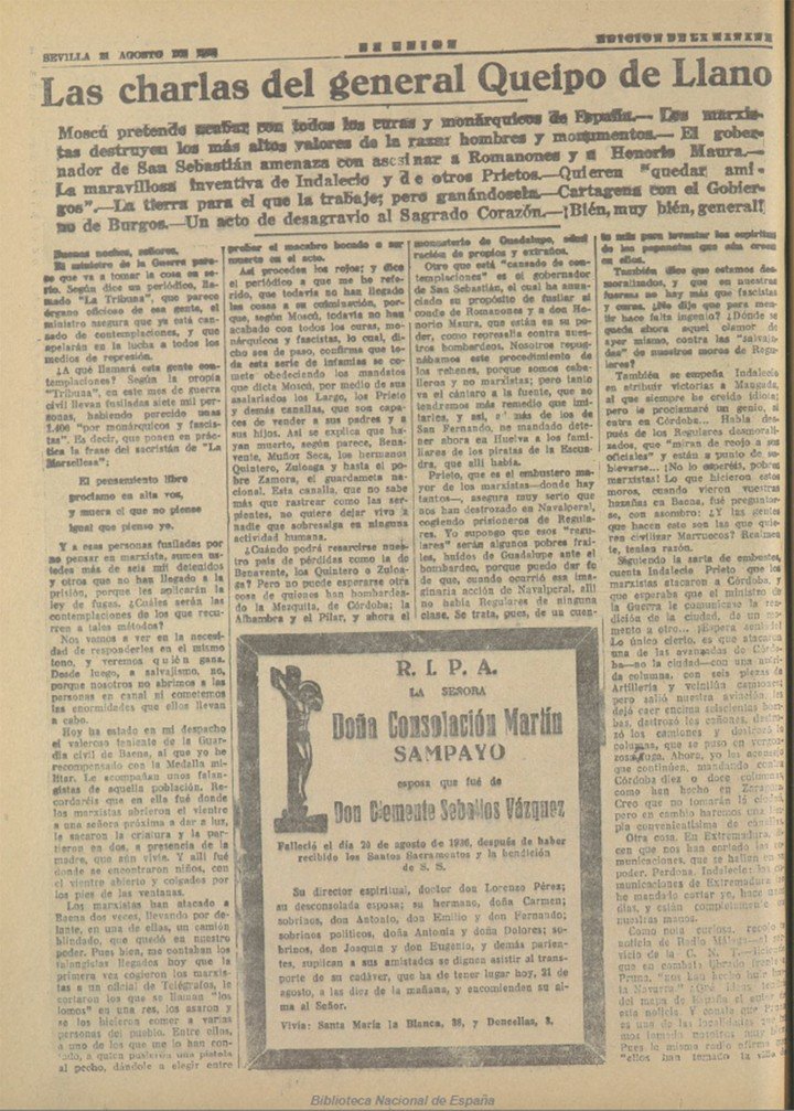 Portada del diario La Unión. Diario Gráfico Independiente de Sevilla del 21 de agosto de 1936, que reproduce una alocución radiofónica del general Gonzalo Queipo de Llano en la que difunde la falsa noticia del fusilamiento de Ricardo Zamora. Foto: EFE/Imagen procedente de los fondos de la Biblioteca Nacional de España.