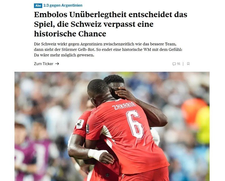 El diario Tages Anzeiger (Suiza) tras la derrota con Argentina.
