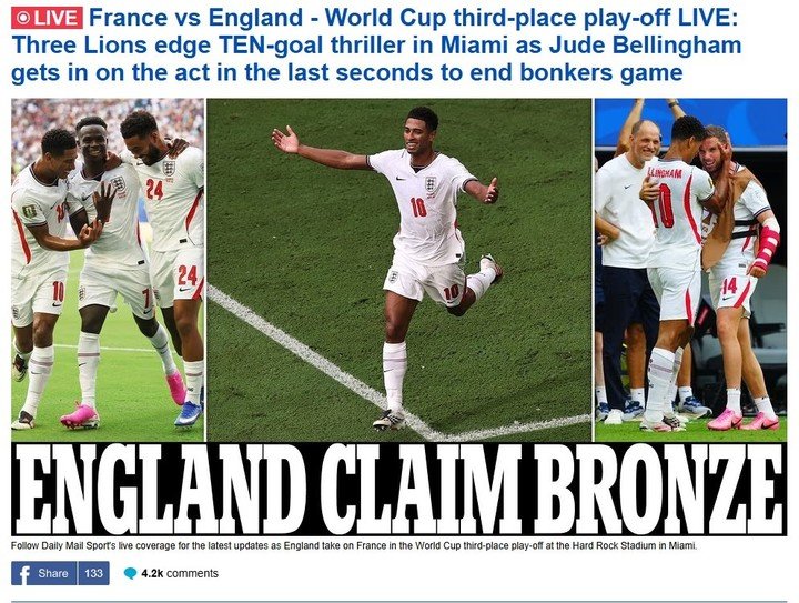 La tapa del Daily Mail tras la victoria de Inglaterra  sobre Francia.