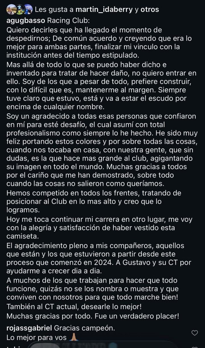El posteo de García Basso en su despedida.