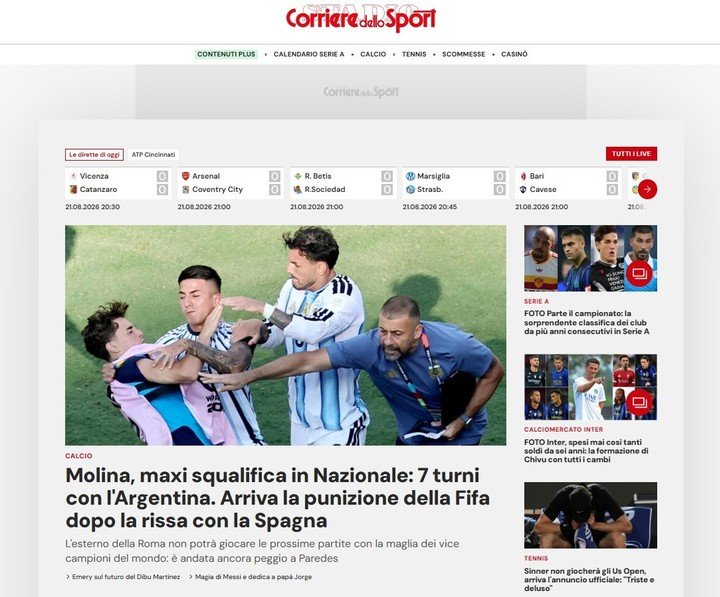 Corriere dello Sport se enfocó en Nahuel Molina.