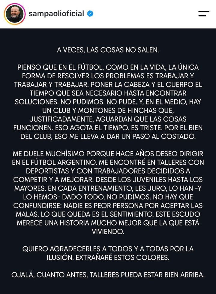 El mensaje de Jorge Sampaoli tras dejar de ser el DT de Talleres.