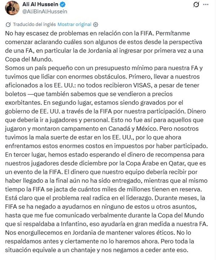 El mensaje de Ali Al Hussein en Twitter.