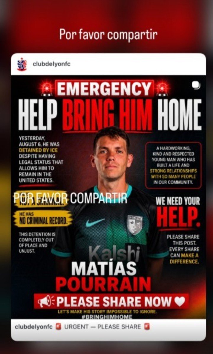 El pedido de ayuda por Matías Pourrain, un futbolista argentino detenido por el ICE en Estados Unidos.