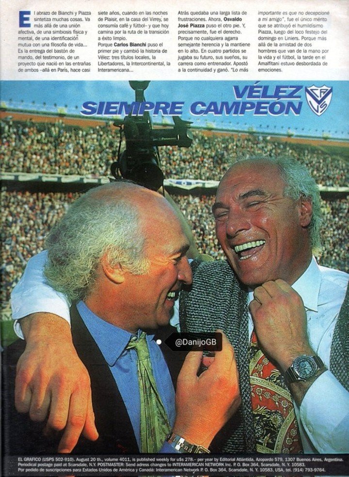 Vélez campeón del Clausura 96: 15 fechas con Bianchi y 4 con Piazza. Vuelta olímpica compartida.