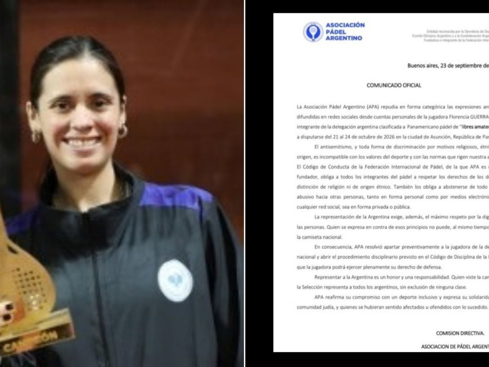 La Asociación de Pádel Argentino apartó de una selección nacional a la jugadora Florencia Guerra Sodero por un comentario antisemita en redes