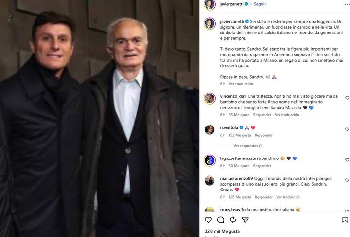 "Un símbolo del Inter y del fútbol italiano en el mundo, por generaciones y para siempre", escribió Javier Zanetti en Instagram