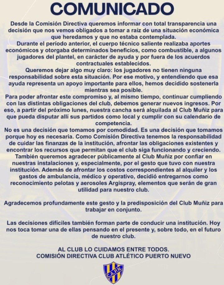 El extenso comunicado de Puerto Nuevo.