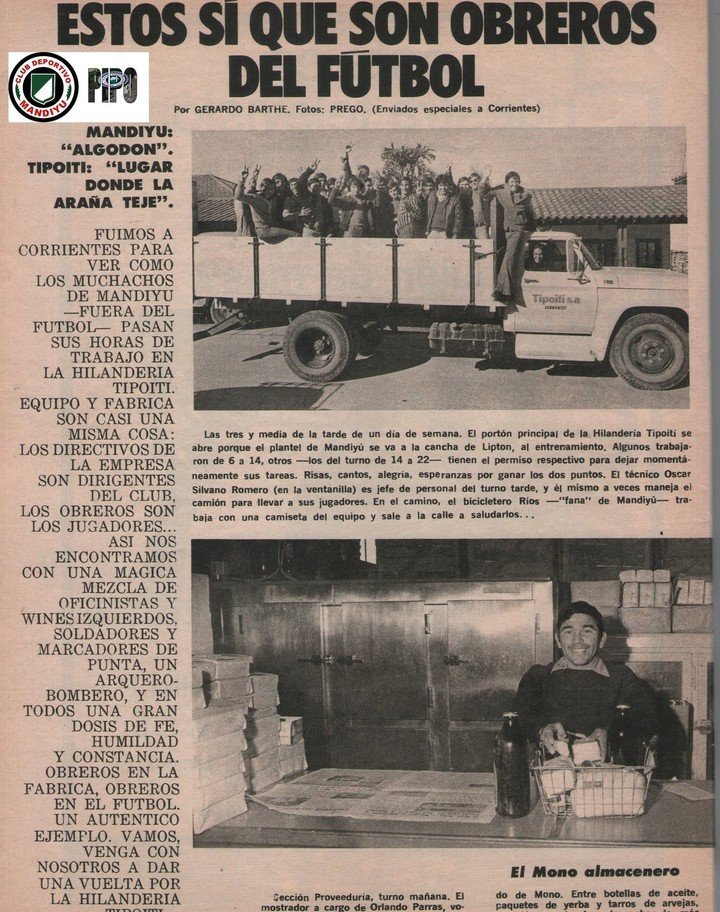 Mandiyú en El Gráfico, que destacó el perfil del plantel que jugó el Nacional 1974: obreros de la fábrica algodonera Tipoití.
