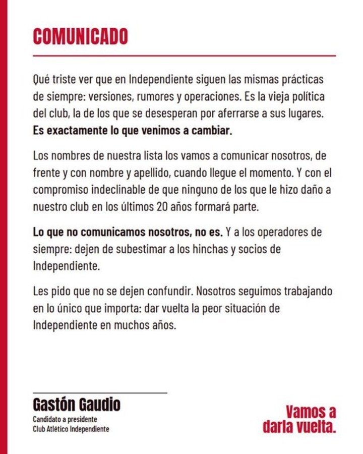 El comunicado de Gastón Gaudio.